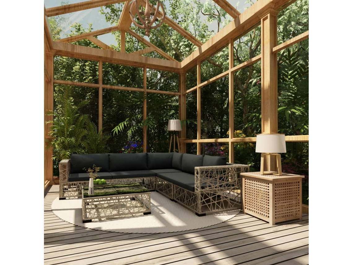 Conjunto de jardín de 6 piezas con cojines, ratán gris, DKD Home Decor