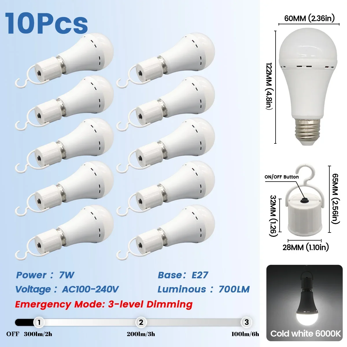 (10 Bombillas Led Recargables, 7w Cada Una), E27, 1500mah, Para Uso De Emergencia, Adecuadas Para Cortes De Energía Y Acampada Al Aire Libre.