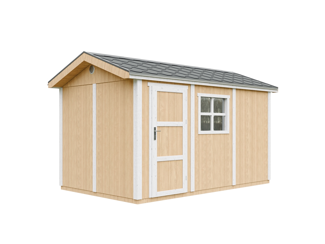 Caseta de jardín de primera calidad de 8,68 m² (alto x ancho x alto): 252 x 250 x 412 cm, con suelo y baldosas bituminosas Timbela M914 Harvest Honey