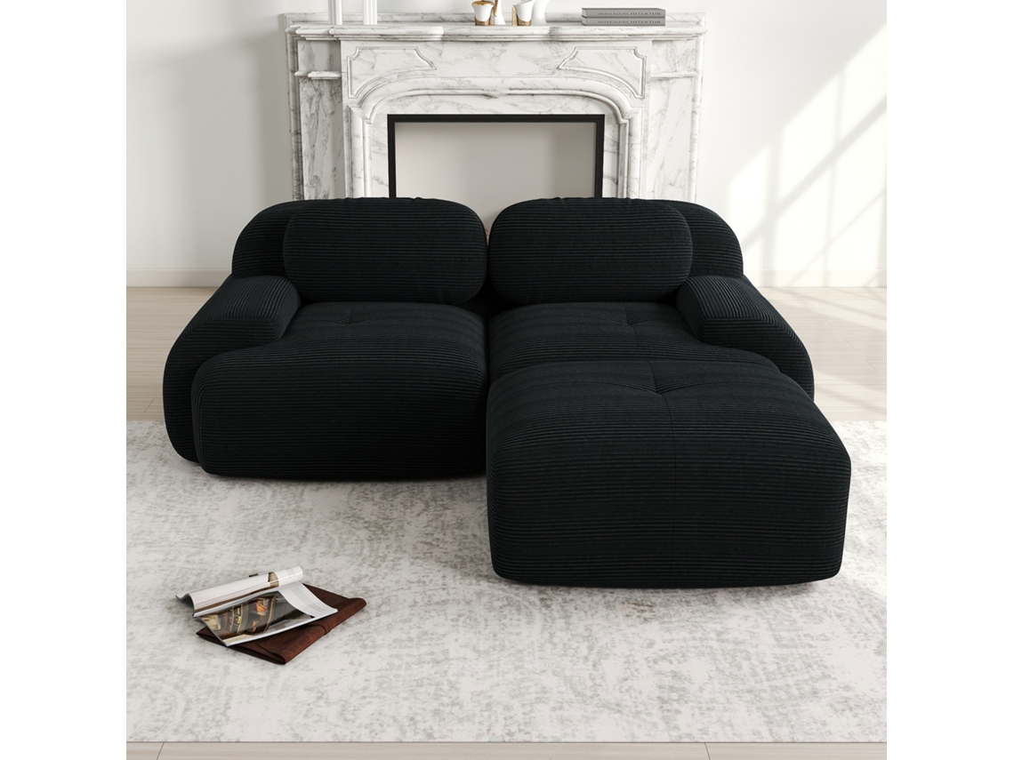 Sofá modular Eck 82 de pana suave con brazos curvos, sin montaje, negro, Mobrio