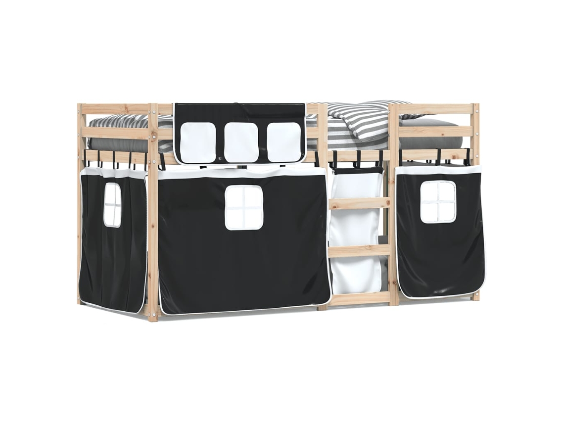 Litera con cortinas 80x200 cm Pino macizo blanco y negro Dkd Home Decor