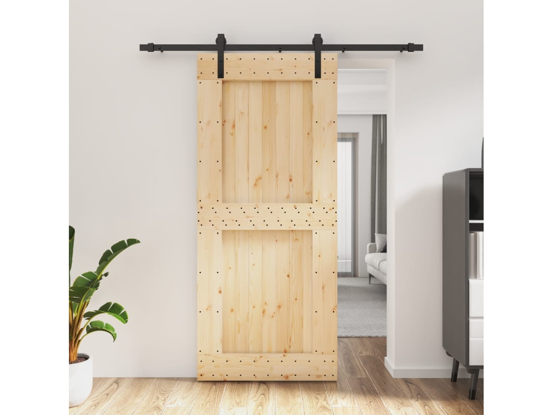 Puerta Corredera Con Herrajes Madera Maciza De Pino 90x210 Cm