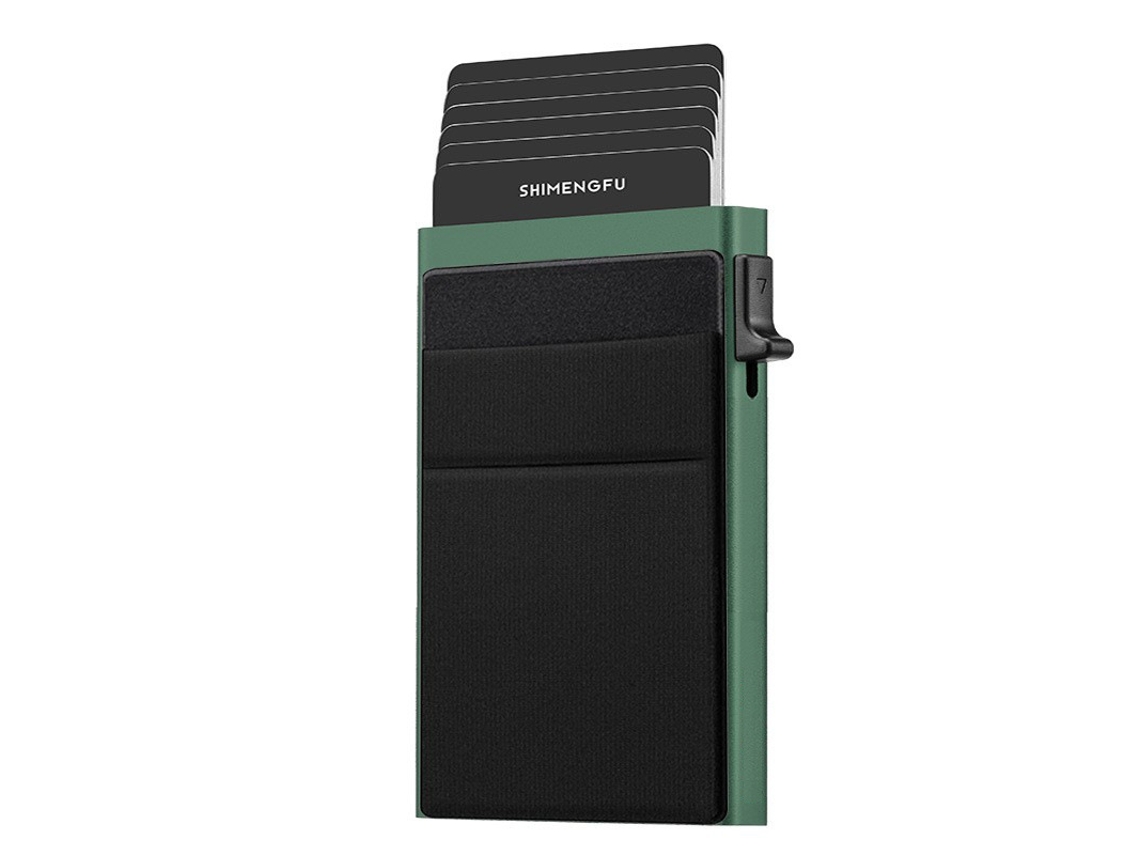 Cartera ultrafina para hombre en aleación de aluminio con tarjetero RFID y función de blindaje RFID, color verde y negro.