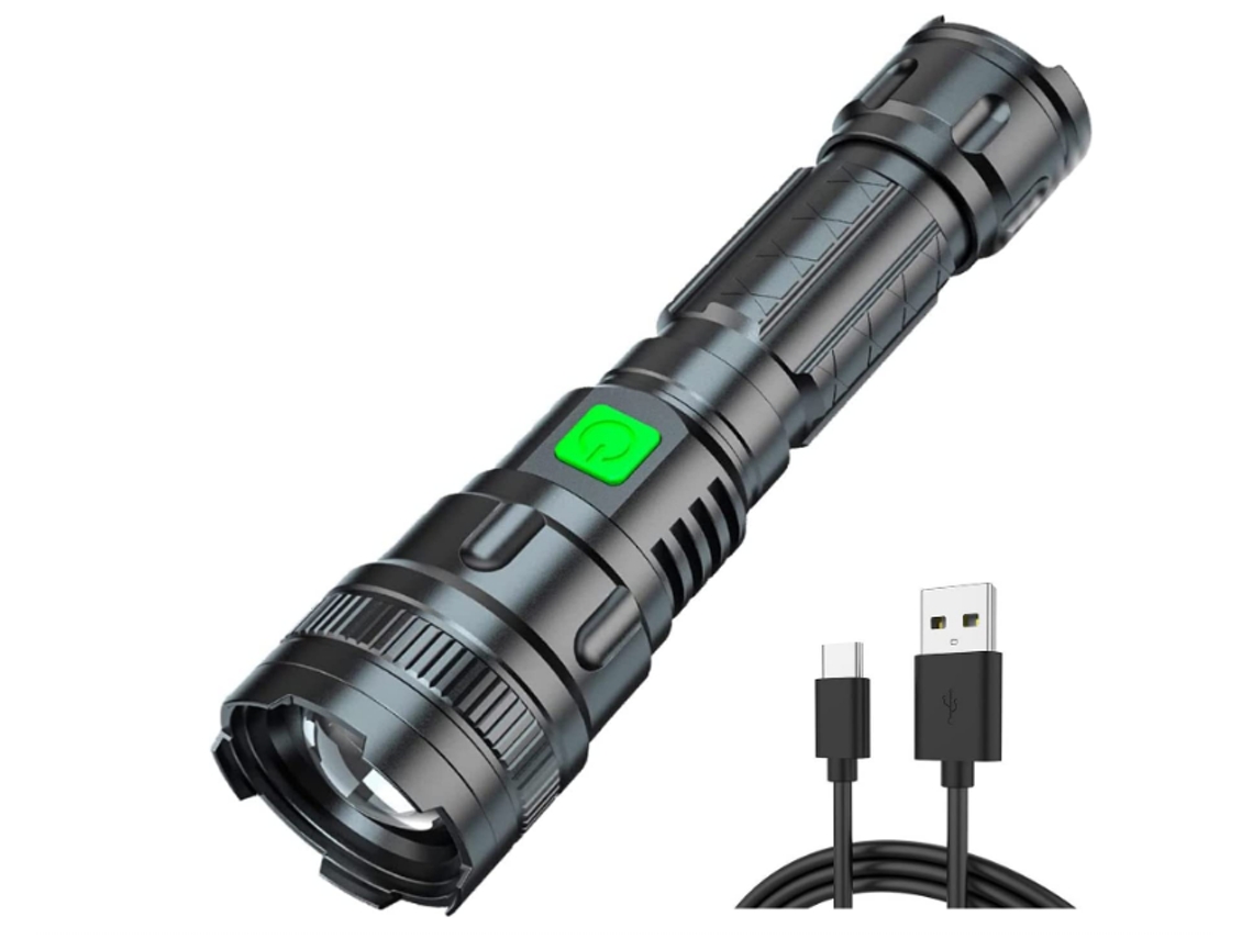 Linterna, linternas USB, linterna LED superbrillante, linternas con zoom, funciona con pilas, resistente al agua, 3 modos, luz de flash táctica con pilas (negro) YIZHOOD
