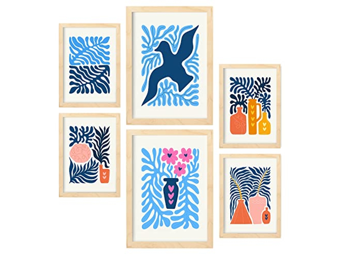 NACNIC Set De 6 Posters Minimalismo En Colores Vibrantes Hojas Azules Láminas De Paisajes Y Naturaleza Para  Tamaños A3 & A4 Marcos Color Madera
