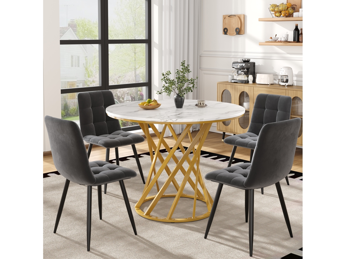 Conjunto Mesa Y Sillas 80 Cm - Mesa Redonda Con Patas Metálicas Doradas - Blanco, Gris Oscuro, Terciopelo