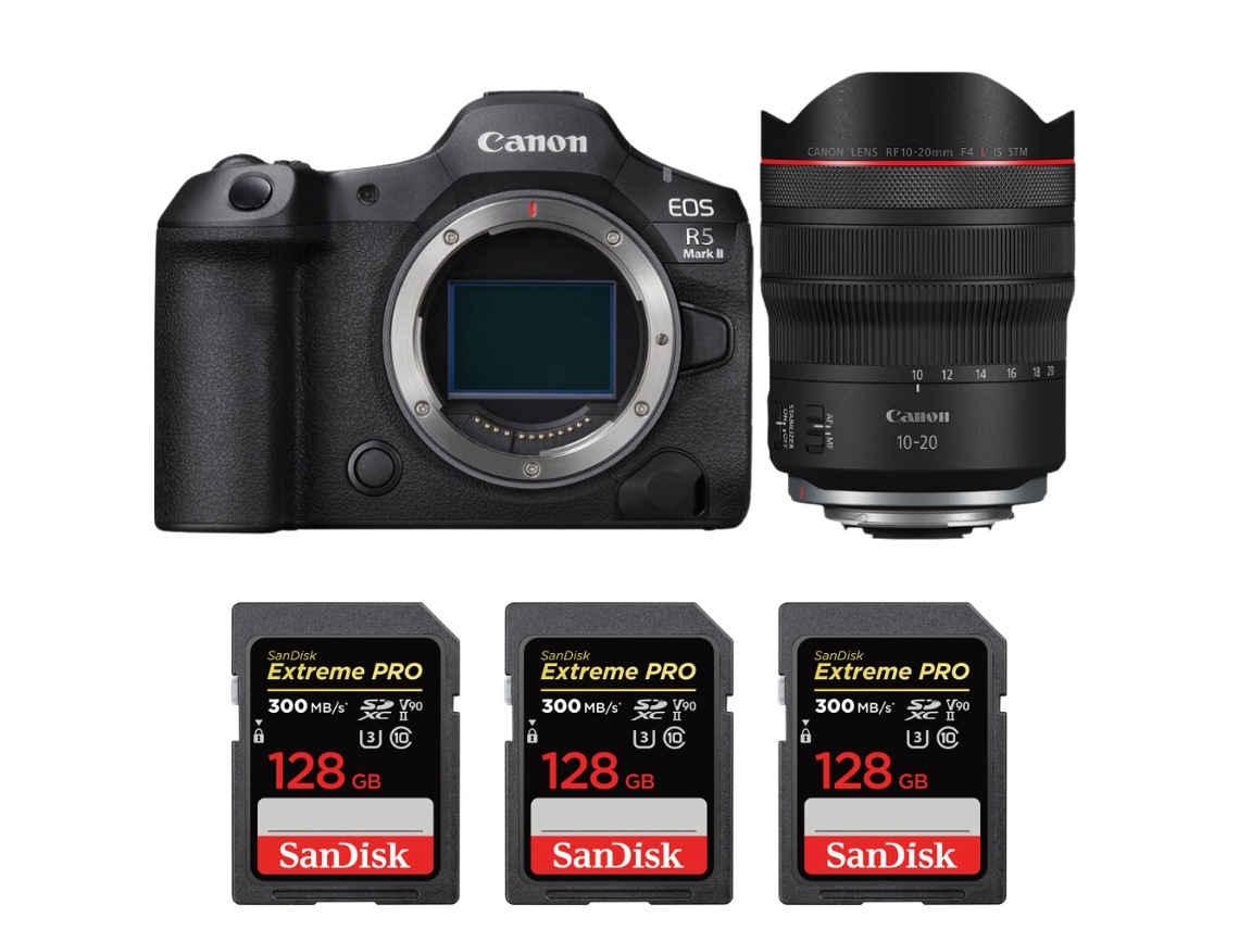Canon EOS R5 Mark II + RF 10 20mm F/4 L IS Stm + 3 Sandisk 128GB UHS II 300MB/s + Libro electrónico “20 consejos para fotos impresionantes”