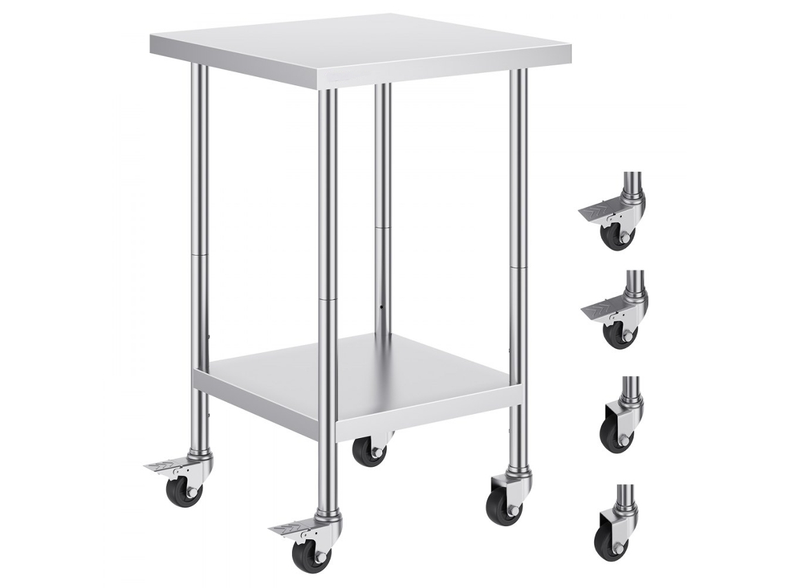 Mesa de acero inoxidable ajustable con ruedas y estantes para cocina y restaurantes Tekmaquinas