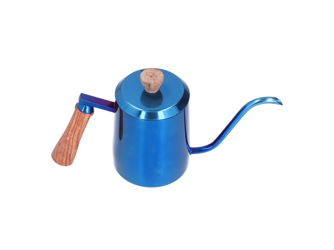 Cafetera manual de acero inoxidable de 600 ml, pico fino, mango de madera, color azul