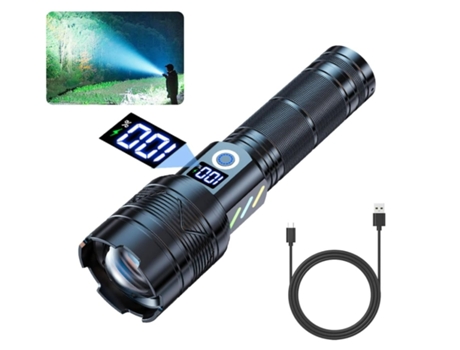 BISBISOUS Linterna Led Recargable 15.000 Alto Lúmenes con Zoom 5 Modos Ipx6 Resistente al Agua Negro VIGA EUROPE