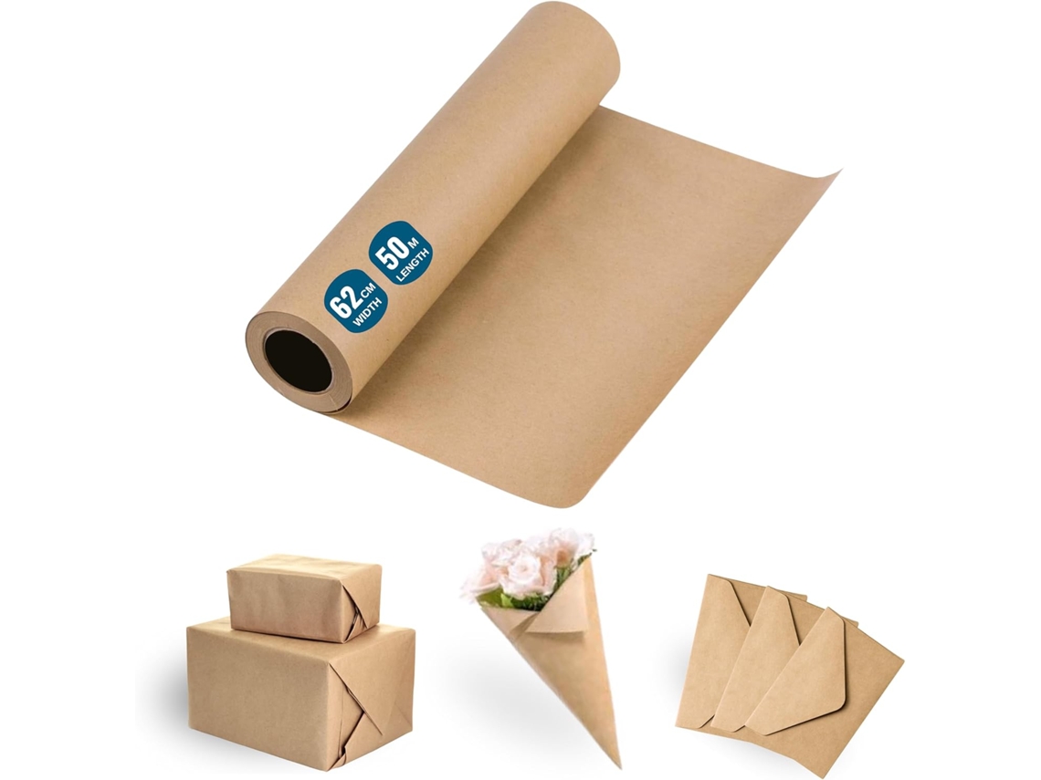 1 Rollo de Papel Kraft para Envolver 62cmx50m - Papel Ideal para Manualidades o Envoltorio de Regalos de Navidad y Cumpleaños ESPÍRITO REBELDE, LDA