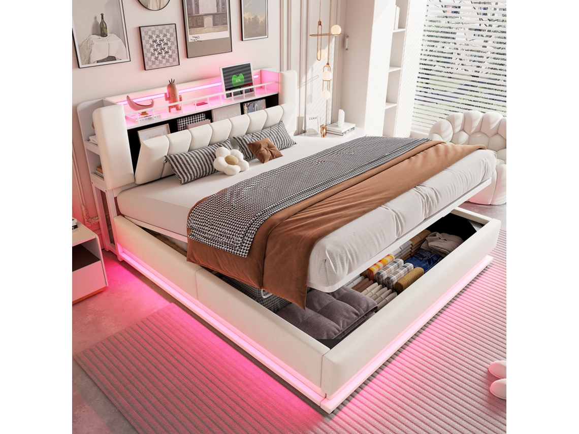 Cama Tapizada 180x200 Cm - Led, Usb, Almacenamiento Hidráulico, Terciopelo, Estructura Metálica - Beige