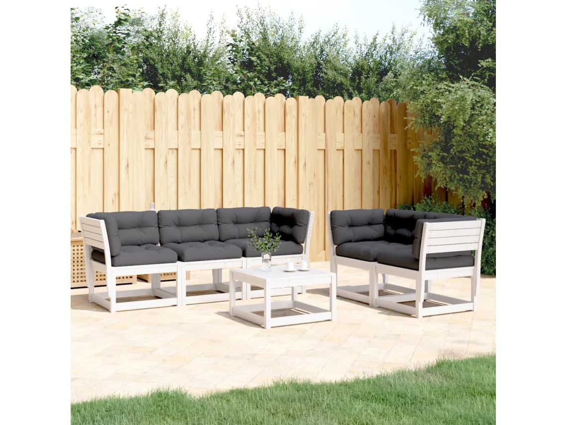 Conjunto de sofá de jardín de 5 piezas con cojines, pino macizo, blanco, DKD Home Decor