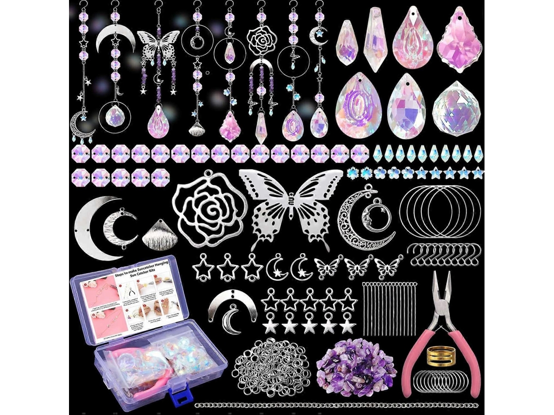 Kit de atrapasoles DIY con 350 piezas, que incluye rosas, mariposas, luna, estrellas y arcoíris, además de cristales y prismas artificiales.