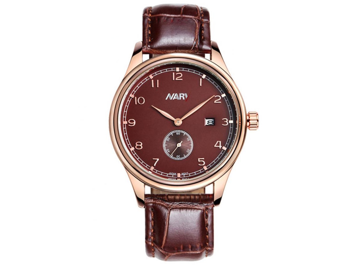 Reloj De Pulsera Para Hombre De Cuero Nary Acero Redondo Cuarzo Oro Rosa Café