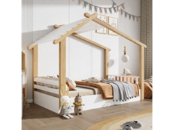 Cama Infantil De Madera De 90x190 Cm, Diseño De Casita, Con Somier De Láminas, Pino + Mdf, Blanco/natural.