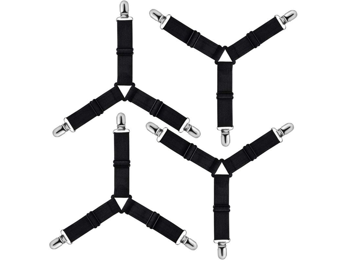 Tensores triangulares ajustables para sábanas, fundas, fundas de tabla de planchar y sofás (negro, paquete de 4)