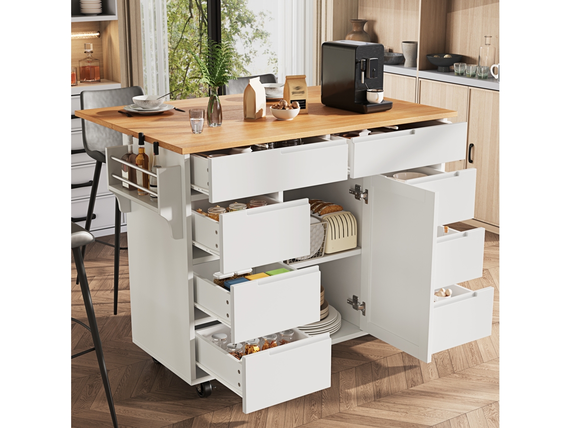 Isla De Cocina Moderna 122x74,5x91,5 Cm - Carro Con Ruedas Y Encimera, 8 Cajones, Blanco