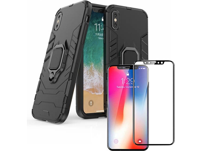 Kit Funda y Protector Cristal 5D iPhone X, XS Military Defender Negro