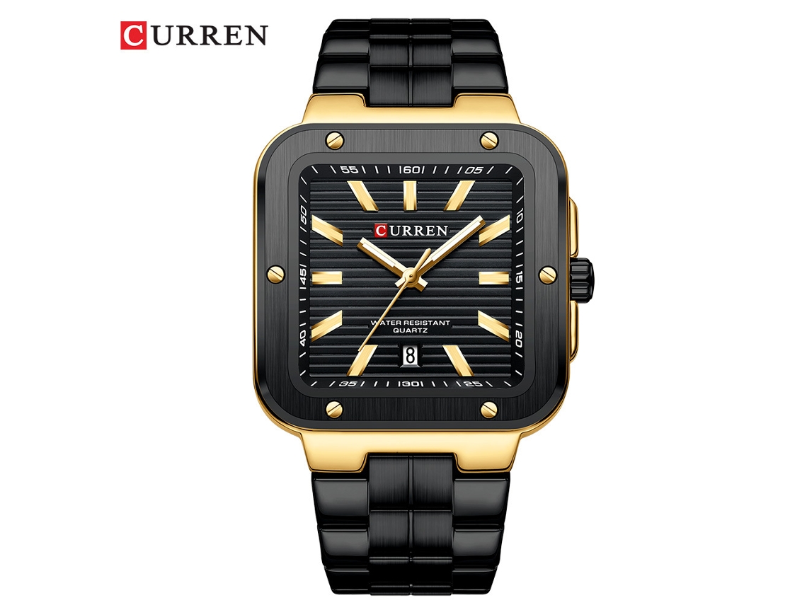 Reloj De Pulsera De Cuarzo Para Hombre (negro Y Dorado) Resistente Al Agua, Con Correa De Acero Inoxidable, Esfera Cuadrada Grande Y Calendario.