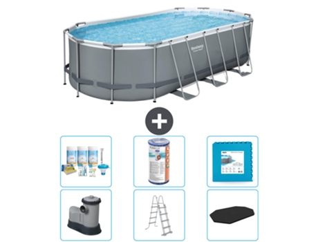 Piscina BESTWAY Oval Power Steel - 549 x 274 x 122 - Gris - Incluye bomba - Escalera - Cobertor Paquete de mantenimiento - Filtrar - Baldosas