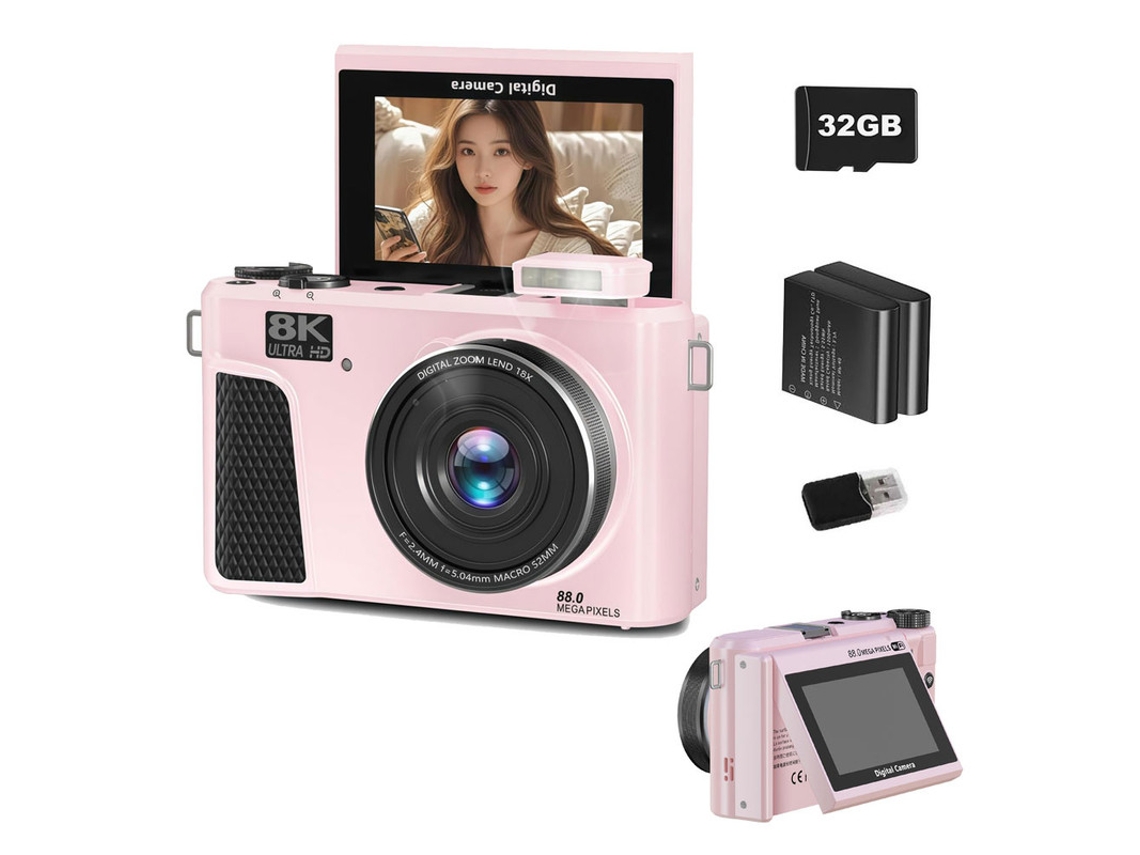Cámara Digital Wd3 Szsmart 8k 88mp Autofocus Vlogging Con Wifi, Pantalla Flip 180° 3" Y Zoom 18x Para Youtube – 32gb + 2 Baterías - Rosa