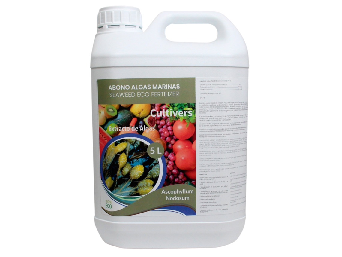 CULTIVERS Fertilizante Algas Marinas Líquido 5 L Abono orgánico para plantas extracto de Ascophyllum nodosum. Potenciador de crecimiento
