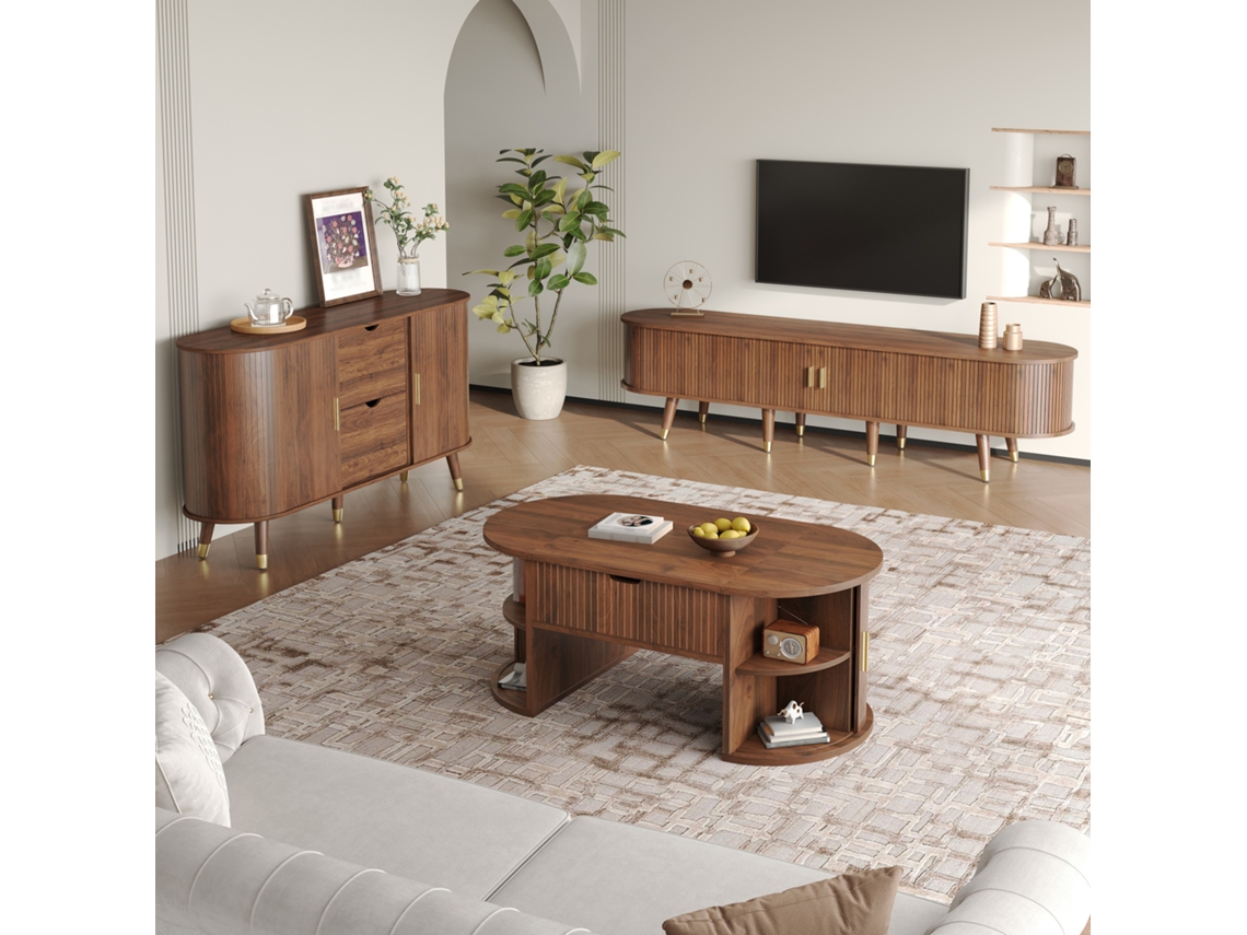 Conjunto Salón 3 Piezas, Mesa Elevable, Mueble Tv, Aparador, Correderas, Nogal
