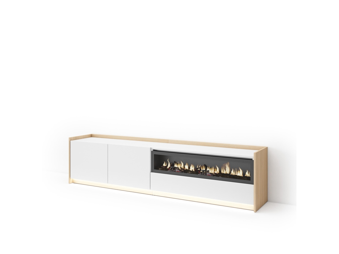 Mueble Tv, Televisión, 207x37x50cm, Para Tv Hasta 80", Chimenea Eléctrica, Led, Blanco Y Roble Soft