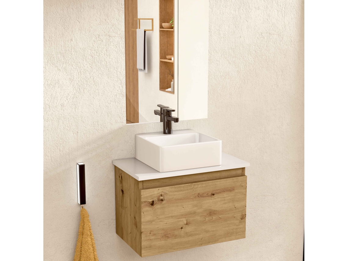 Mueble de baño suspendido con lavabo y espejo de cerámica, mueble con puerta abatible, de 50 x 32 x 30 cm, acabado roble y encimera Bellobath en color blanco.