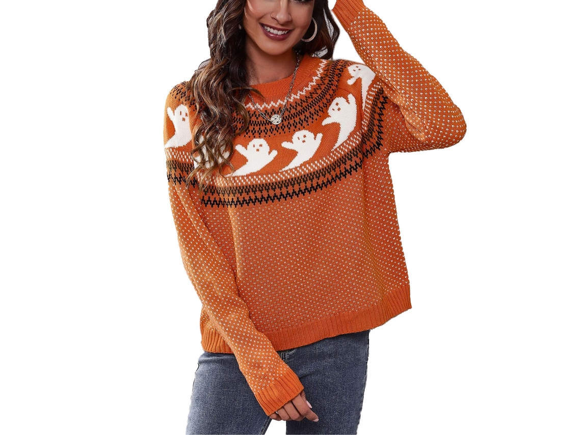 2026altiro-jersey De Halloween Con Fantasma De Puntos Retro Manga Larga Cuello Redondo Tejido Para Mujer Naranja Xxl