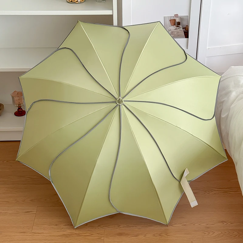 Paraguas Automático De Mango Largo Estilo Coreano (verde Claro 8k), Con Forma De Pétalo, Para Protección Contra El Sol Y La Lluvia, Tamaño Extragrande Para Mujeres.
