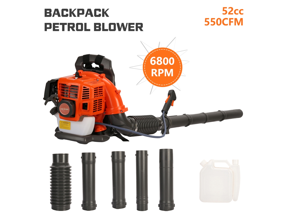 Soplador/aspirador Flasidu de 52 cc, 6800 rpm, 550 cfm, 1,25 kW, 2800 rpm y 3000 rpm.