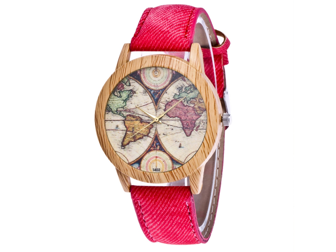 Reloj De Pulsera Unisex Estilo Vaquero Con Estampado De Mapa Retro, Cuarzo, Zhoulianfa, Rojo.