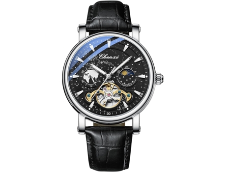 VEANXIN Reloj de pulsera mecánico con cuerda automática y fase lunar, resistente al agua, con correa de cuero-Acero negro