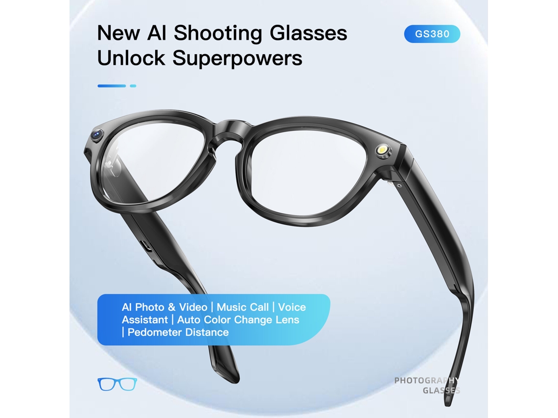 Gafas de tiro inteligentes GS380 negras con Bluetooth 5.4, IA, soporte de control de voz y gestos, traducción y navegación.