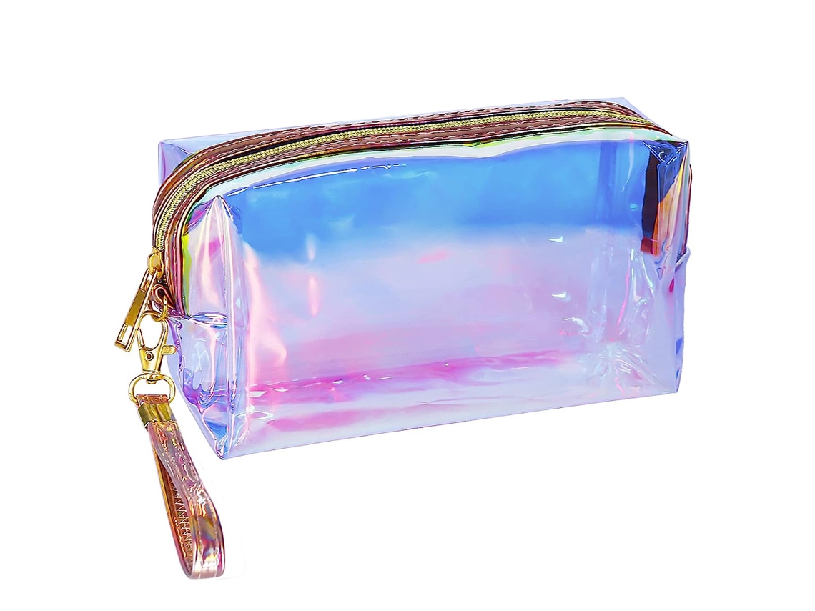 HYMNORA Bolsa de maquillaje holográfica semitransparente, espaciosa y con base cuadrada para viajes y uso diario.