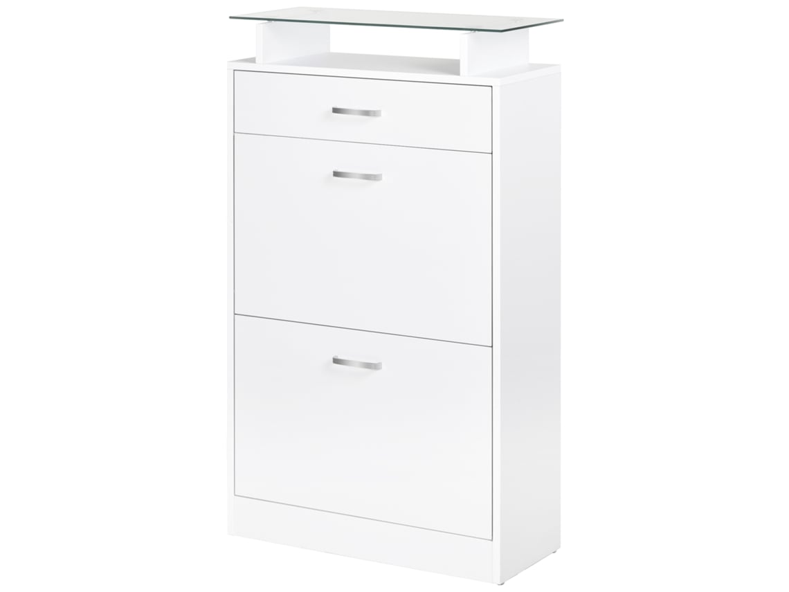 Móvel Sapateira 2 Portas Estreito 12 Pares Gaveta Prateleira Aberta Bancada Vidro Carga 50kg 60x24x105,5cm Branco