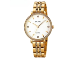 Reloj de pulsera para mujer con correa de acero inoxidable, analógico, de cuarzo, con carcasa de diamantes, esfera dorada y blanca