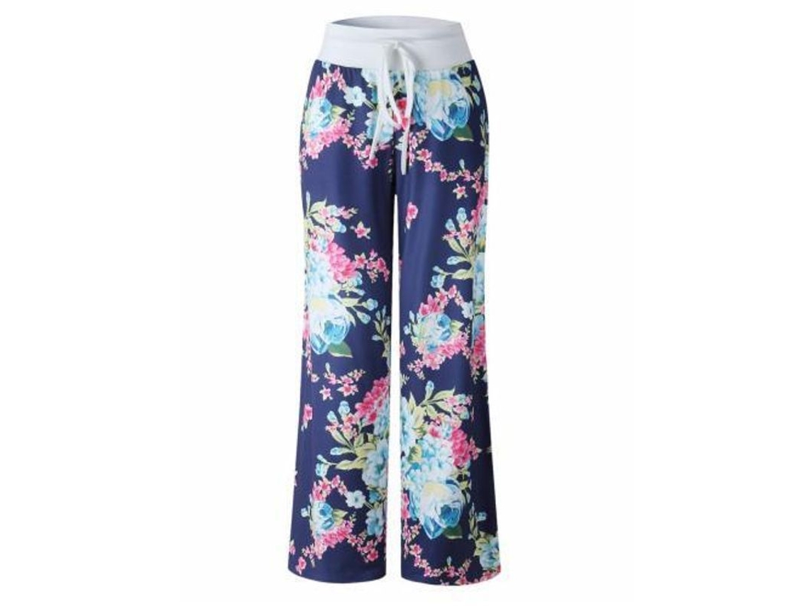 Pantalones De Punto Anchos Y Cómodos Para Mujer Con Estampado Floral Y Cordón Ajustable.