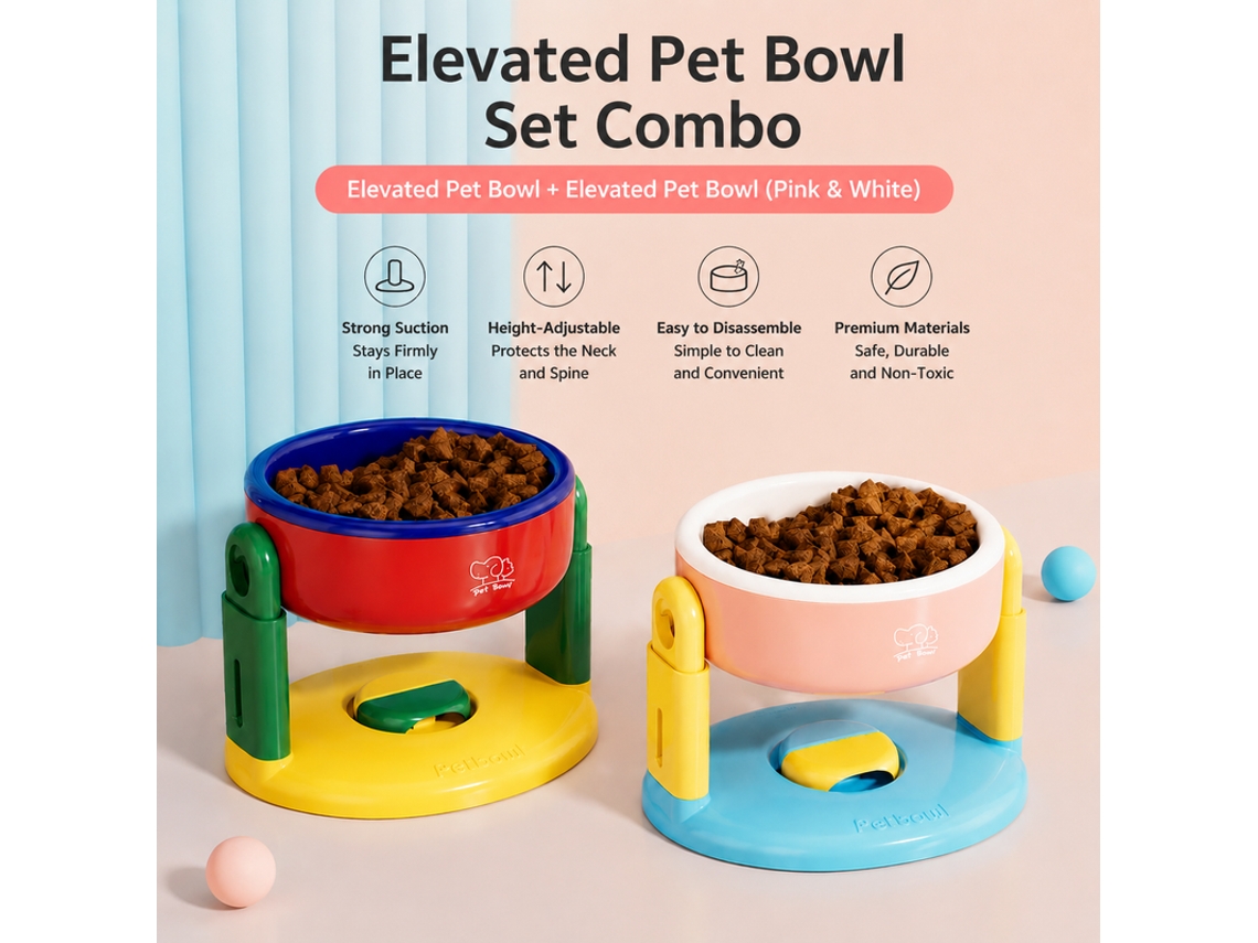 Comedero Mascota Ajustable 3 Niveles 2 Unidades Azulrojo + Rosa Succión Anti-vuelco Gato Perro