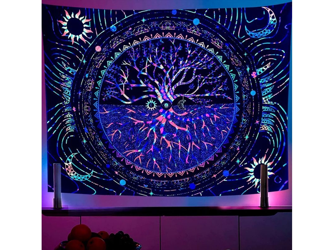 Tapiz Árbol De La Vida Con Luz Negra, 150x130 Cm, Reactivo A Los Rayos Uv, Decoración Cósmica Para Pared.