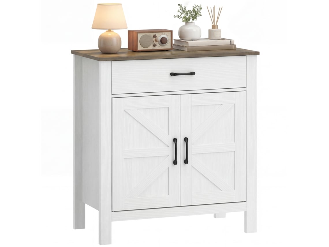 Aparador Para Salón, Mueble De Almacenamiento Con 2 Puertas Correderas, Cajón Y Estante Regulable, 77x39,3x81,5 Cm, Blanco Y Marrón.