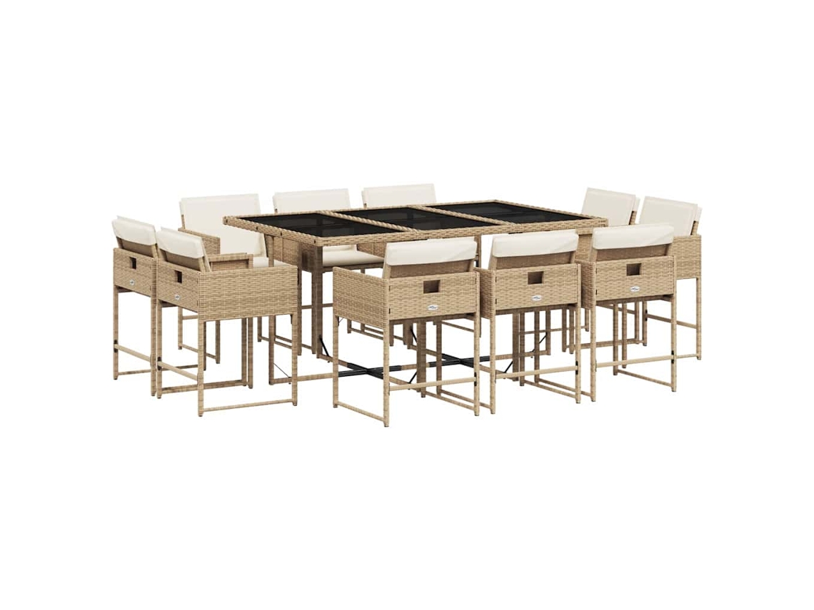 Juego de 11 piezas de comedor de jardín con cojines de mimbre, beige, EXCLUSIVA MAISON