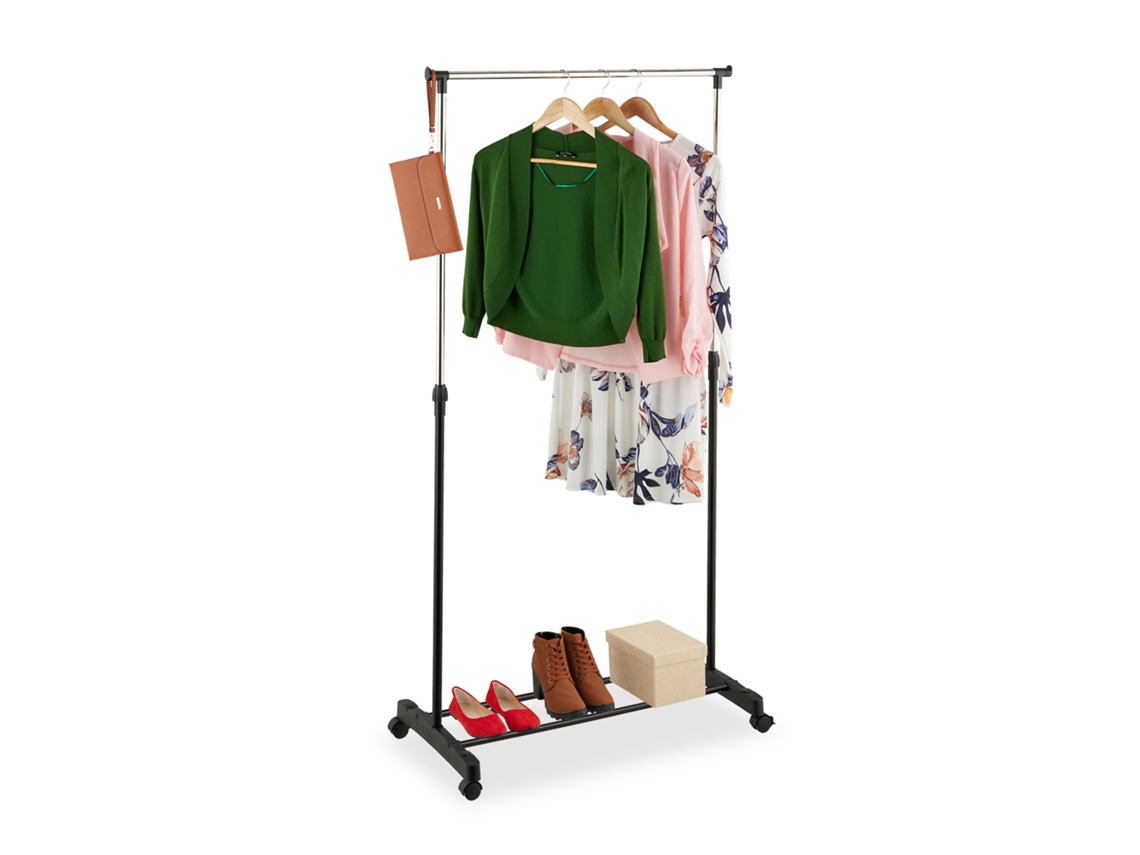 Relaxdays Perchero De Pie Metálico, Con Ruedas, Colgador Ropa Con Barra Ajustable, 91-156x76x40,5 Cm, Negro Y Plateado