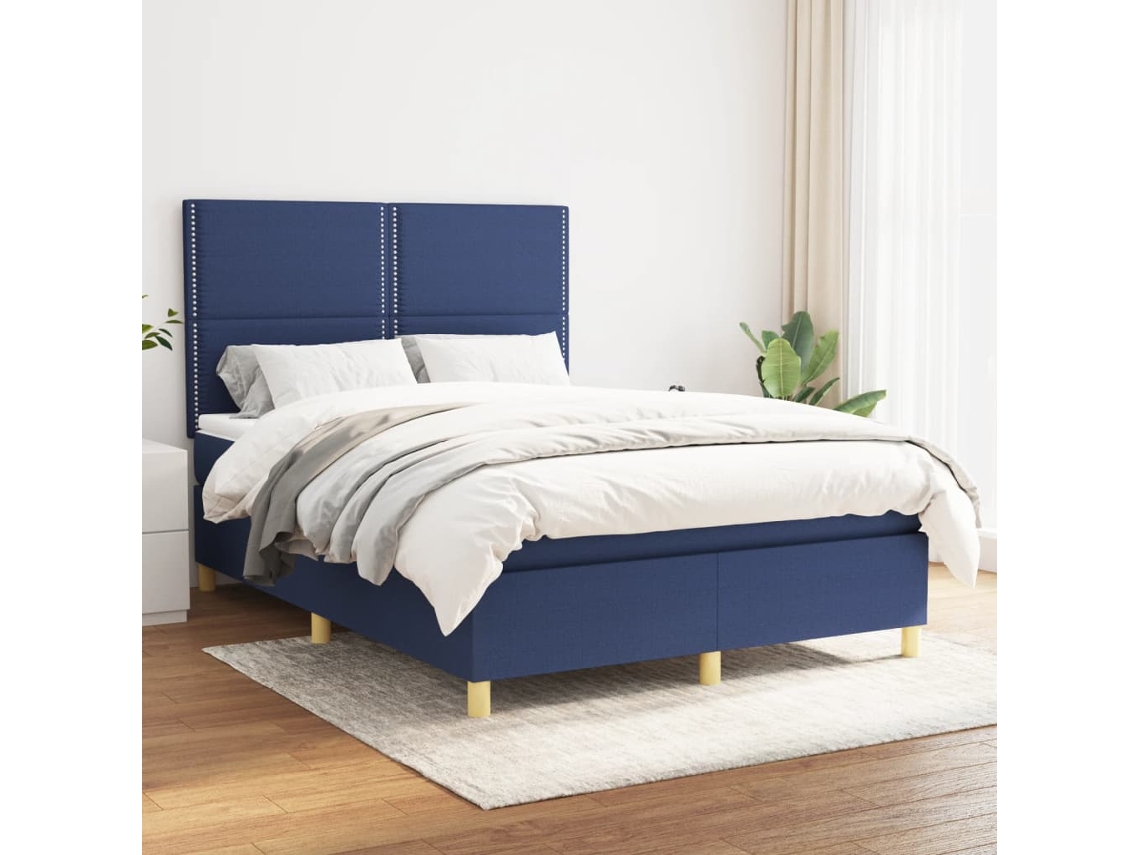 Cama Box Spring Con Colchón Tela Azul 140x190 Cm