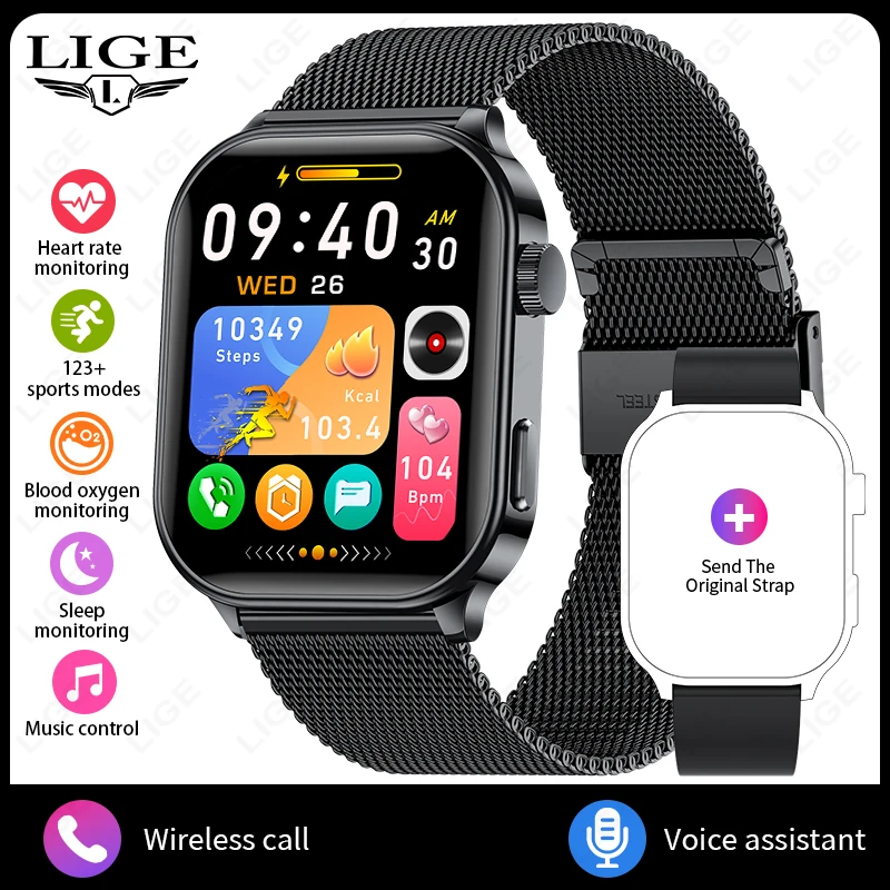 Reloj inteligente (negro, correa de malla), pantalla de 2,01 pulgadas, monitor de frecuencia cardíaca, llamadas Bluetooth, resistencia al agua IP68.