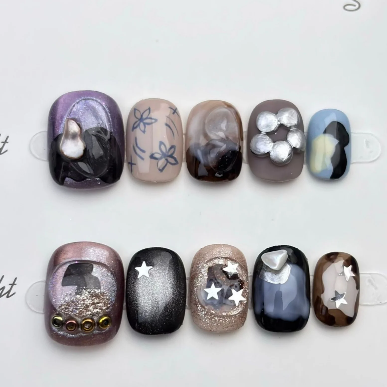 (b197-s) Paquete De 10 Uñas Postizas Cortas, Cuadradas Y Redondas, Hechas A Mano, Estilo De Presión.