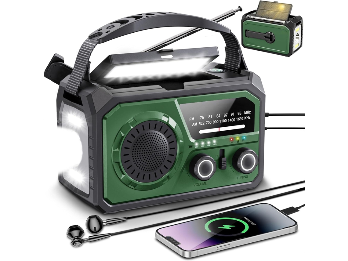 Radio meteorológica solar de emergencia de 16000 mAh con manivela AM/FM/WB, linterna LED Eifson (verde oscuro)