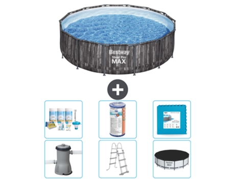 Piscina BESTWAY Round Steel Pro MAX - Impresión en madera - 427 x 107 cm - Incluye bomba - Escalera - Cobertor Accesorios CB30